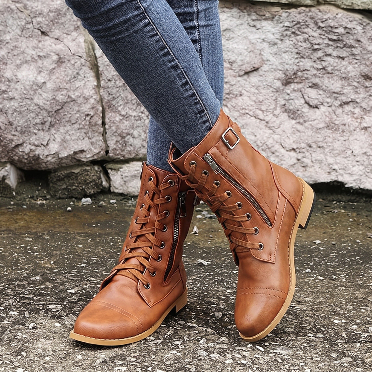Anna - Women's Orthopedic Lace-Up Ankle Boots with Side Zip