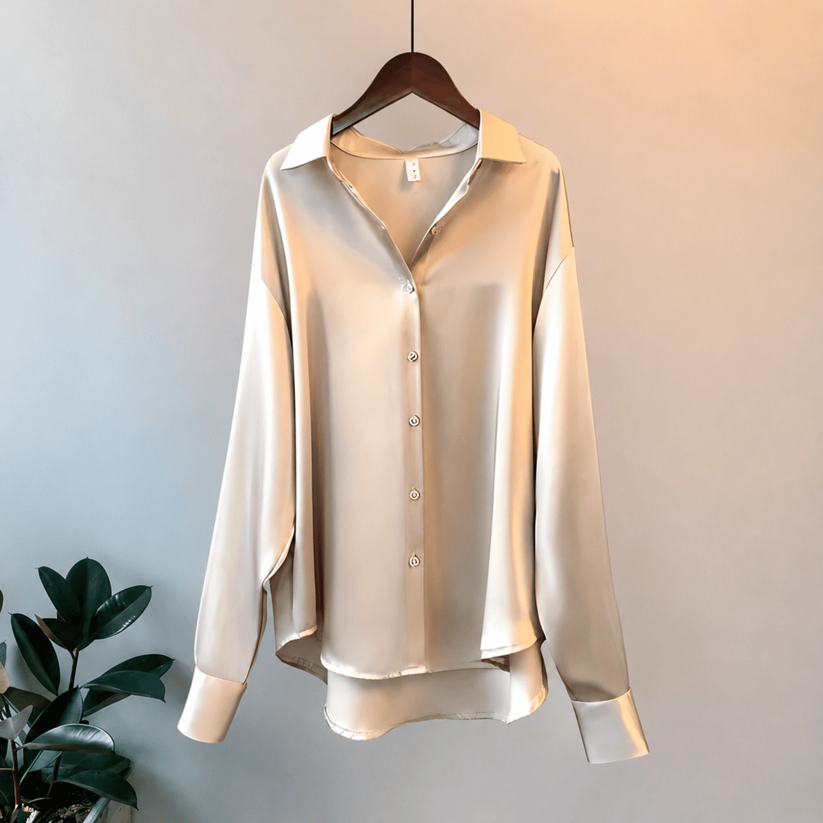 Avery - Women's Oversized Satin-Look Blouse with Point Collar