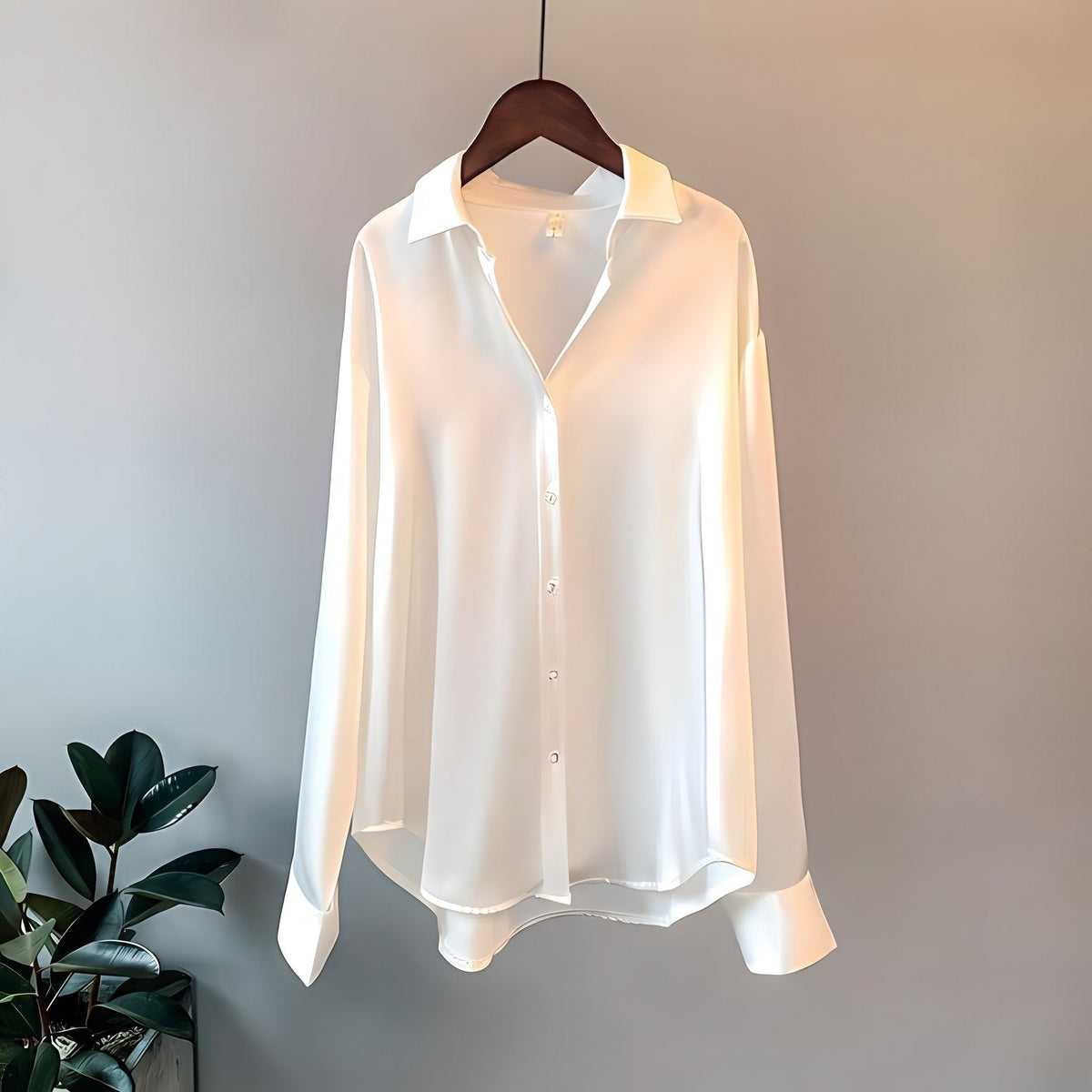 Avery - Women's Oversized Satin-Look Blouse with Point Collar