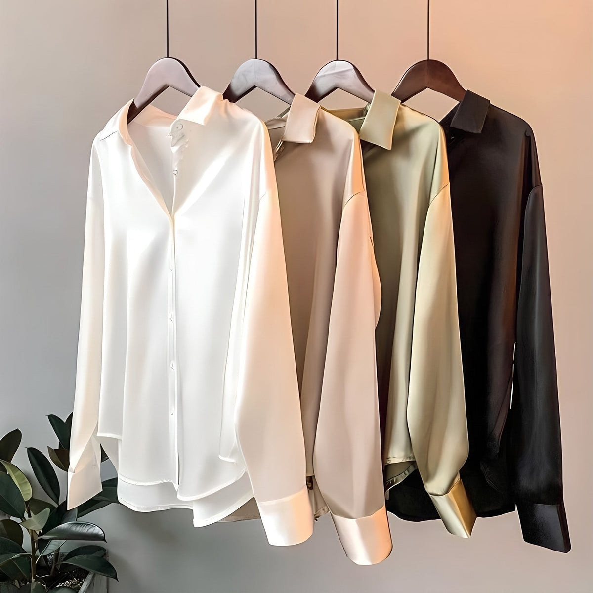 Avery - Women's Oversized Satin-Look Blouse with Point Collar