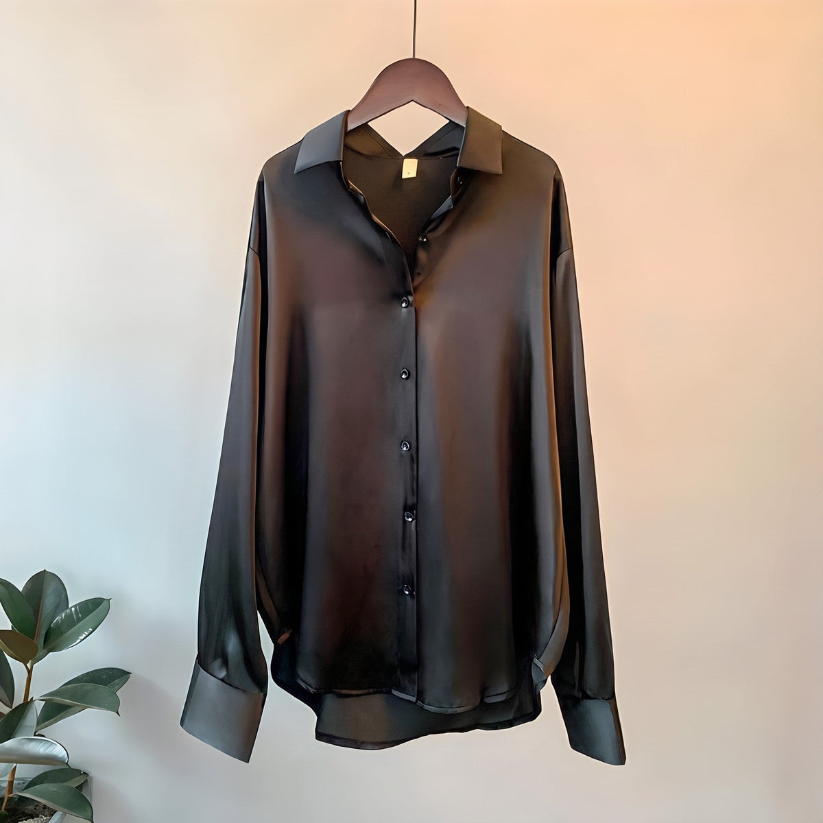Avery - Women's Oversized Satin-Look Blouse with Point Collar