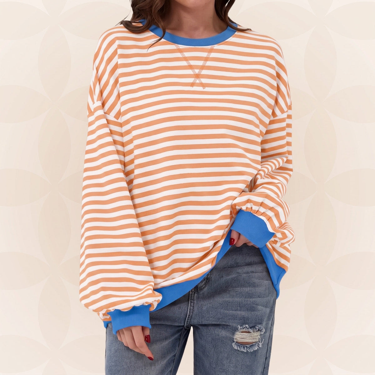 Olivia - Women's Oversized Striped Crewneck Sweatshirt with Contrast Trim