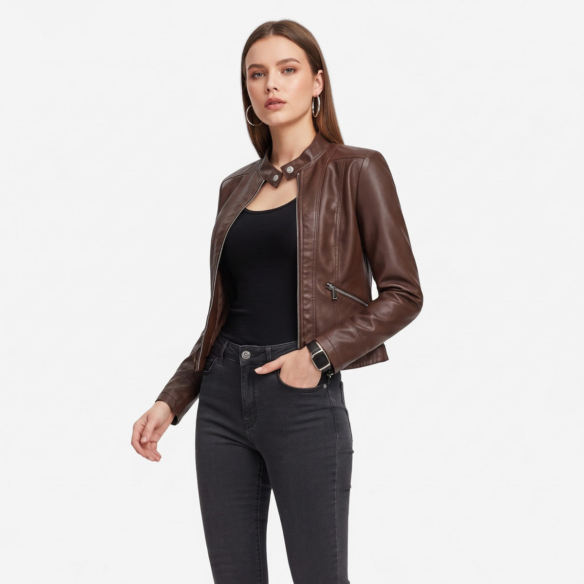 Charlotte - Women's Cropped Moto Jacket with Zip Pockets