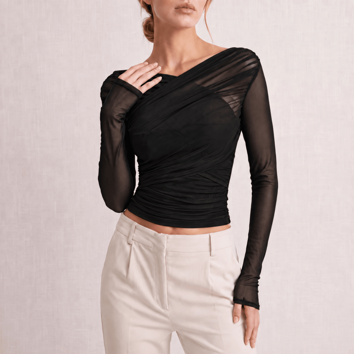 Isla - Women's Ruched Long Sleeve Mesh Top with Crossover V-Neck