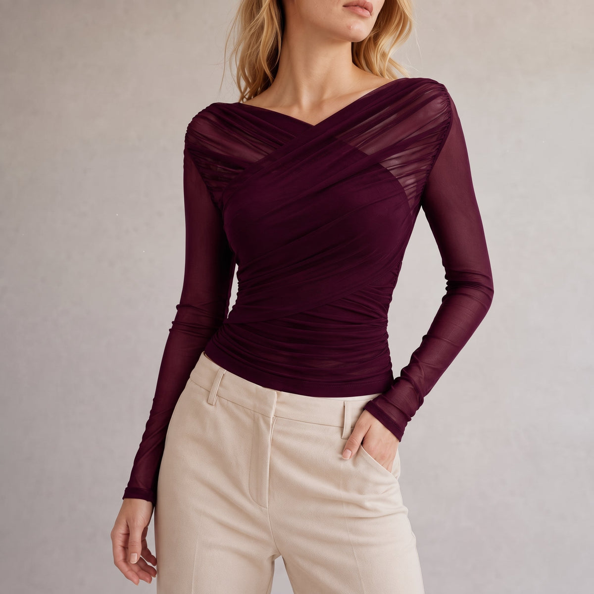 Isla - Women's Ruched Long Sleeve Mesh Top with Crossover V-Neck