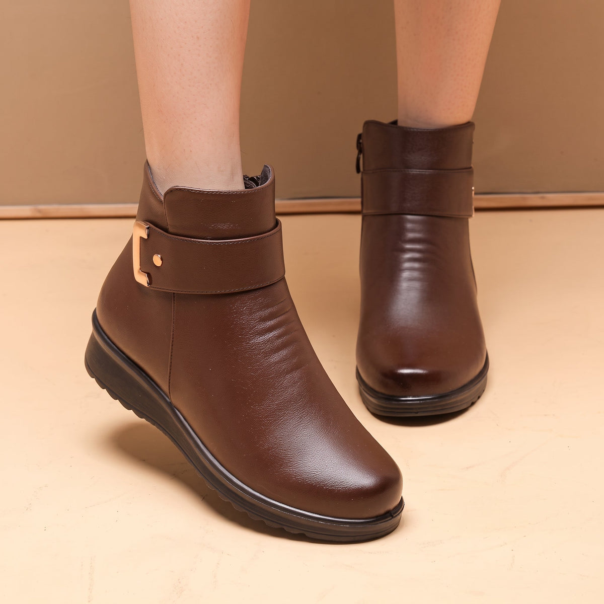 Clara - Women's Orthopedic Fur-Lined Ankle Boots with Buckle Strap