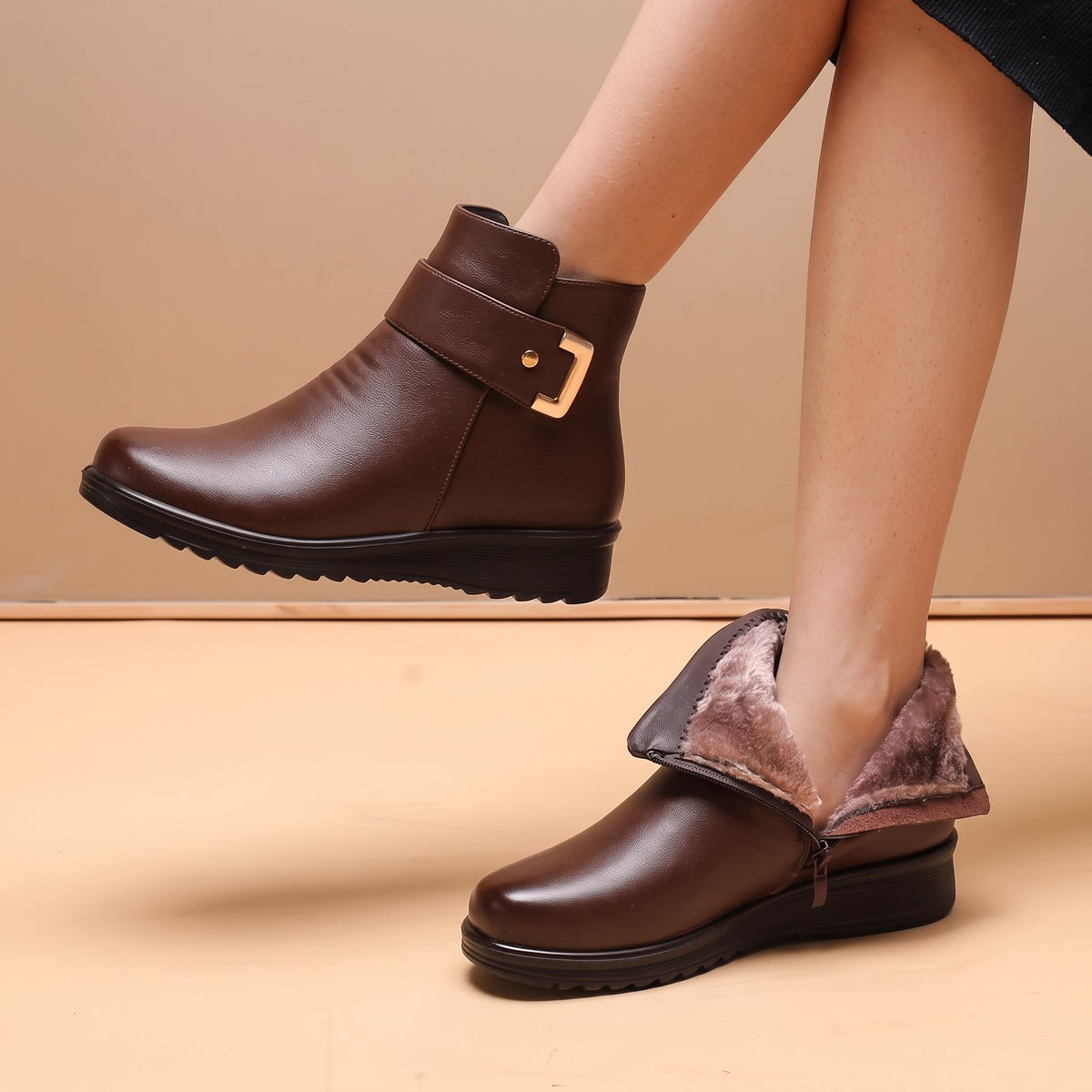 Clara - Women's Orthopedic Fur-Lined Ankle Boots with Buckle Strap