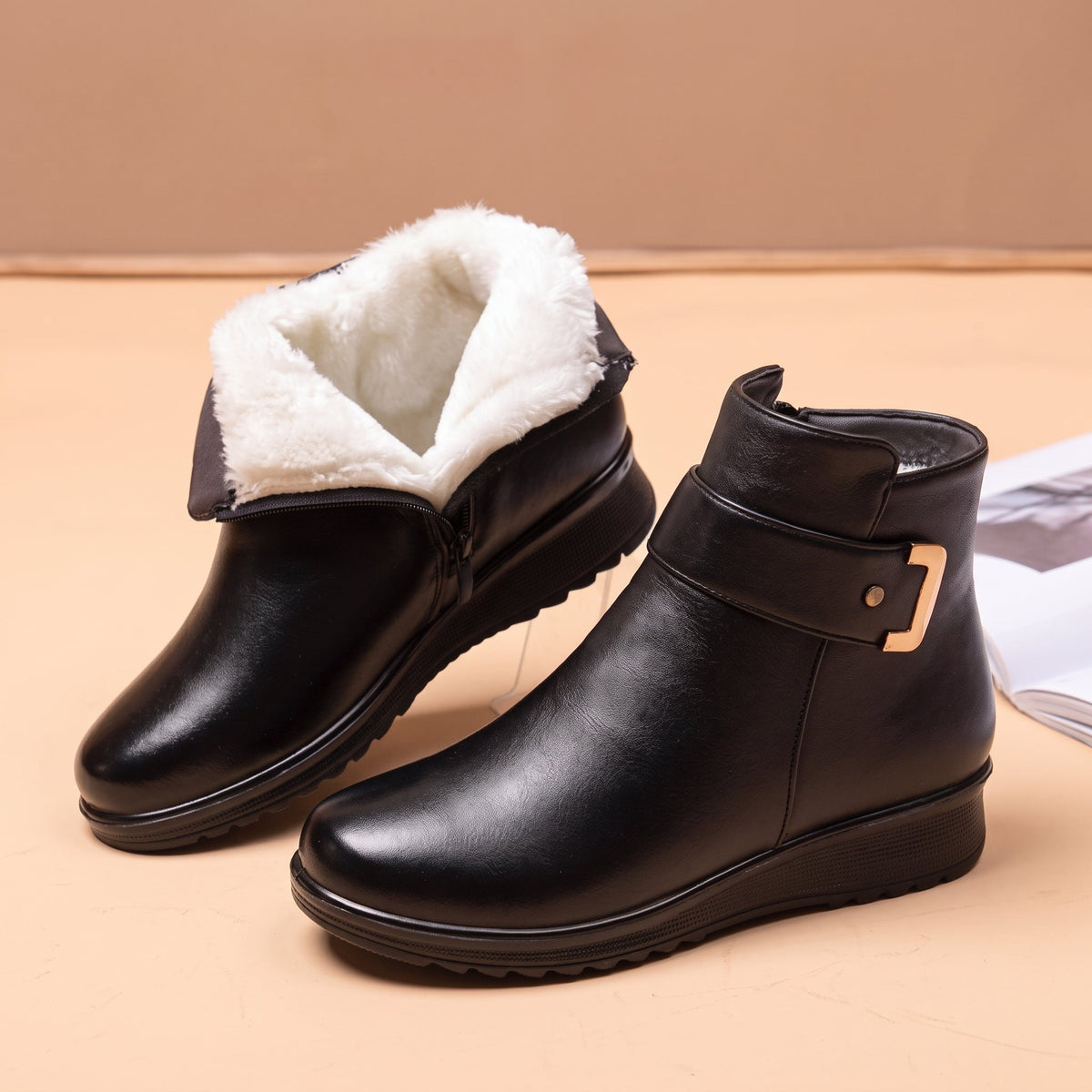 Clara - Women's Orthopedic Fur-Lined Ankle Boots with Buckle Strap