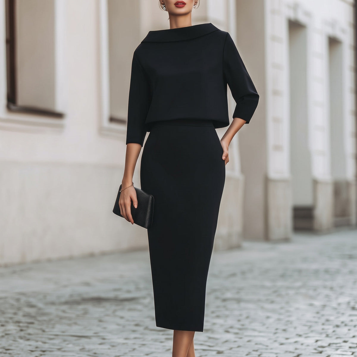 Clara - Women's Boat Neck Two-Piece Midi Skirt Set