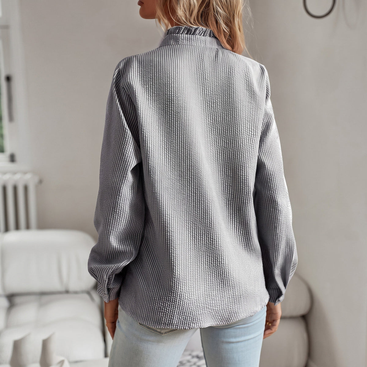 Corinne - Women's Ruffle Collar Long Sleeve Striped Blouse with Button Front