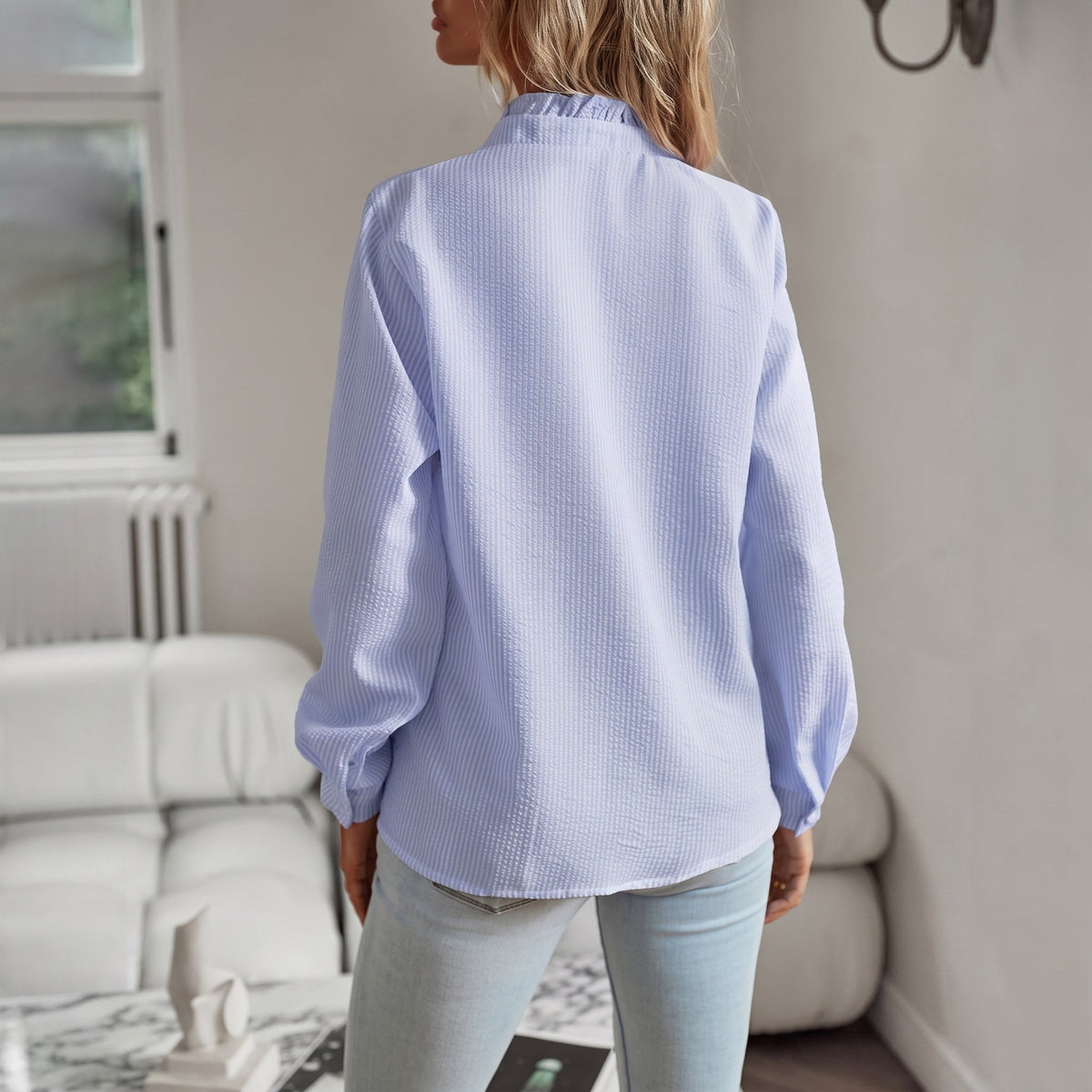 Corinne - Women's Ruffle Collar Long Sleeve Striped Blouse with Button Front