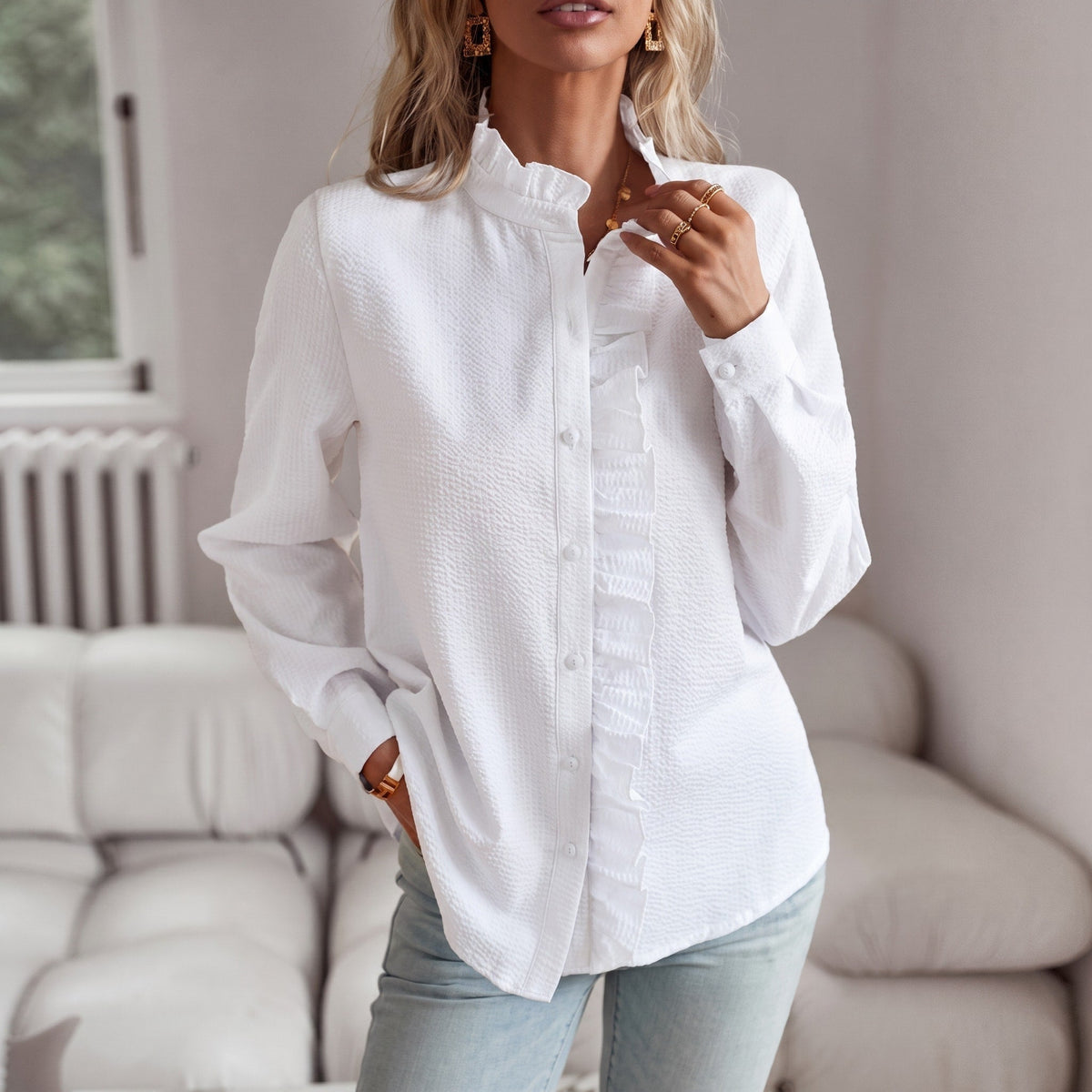 Corinne - Women's Ruffle Collar Long Sleeve Striped Blouse with Button Front