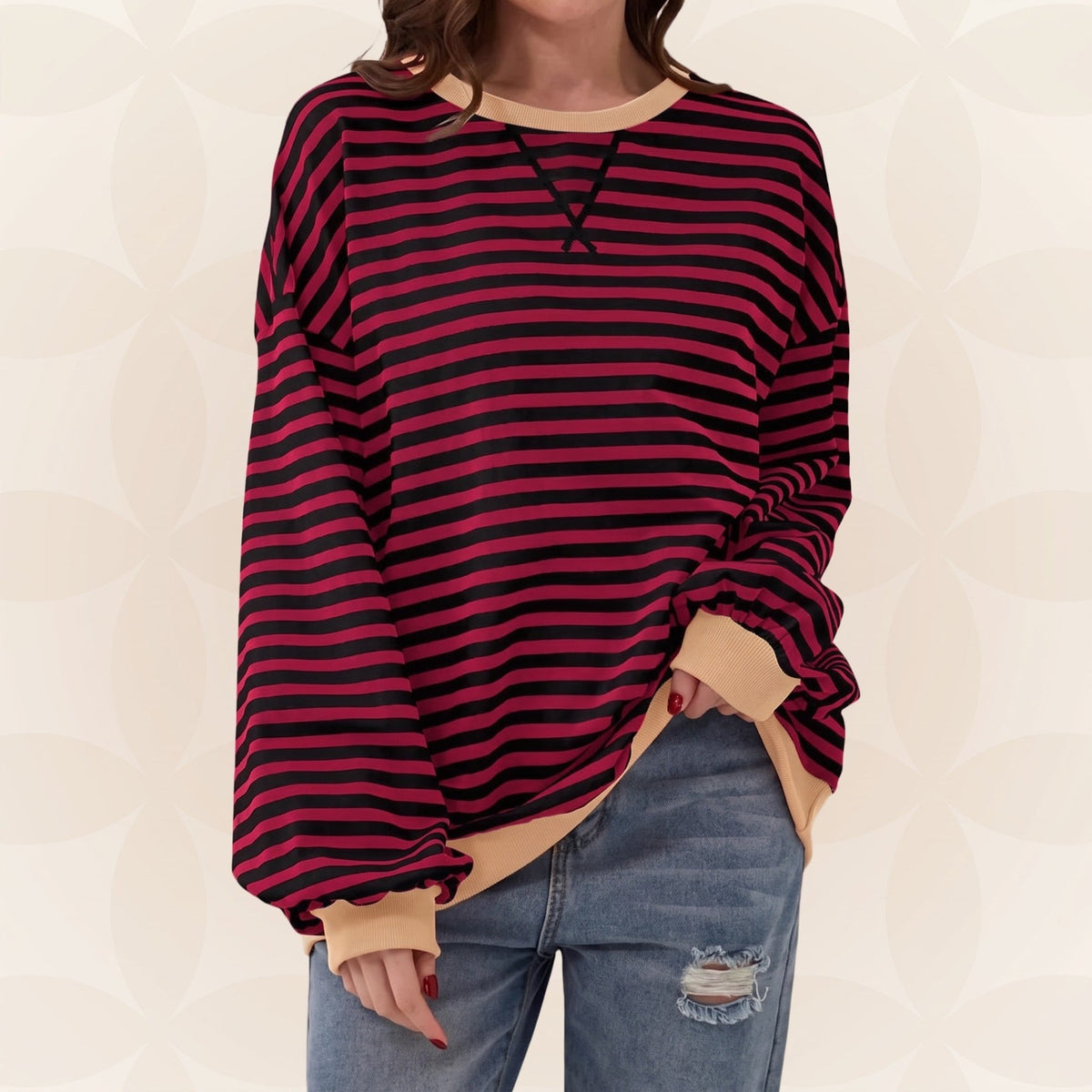 Olivia - Women's Oversized Striped Crewneck Sweatshirt with Contrast Trim