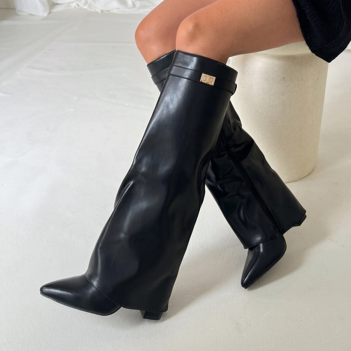 Sienna - Women's Pointed Toe Foldover Block Heel Knee-High Boots