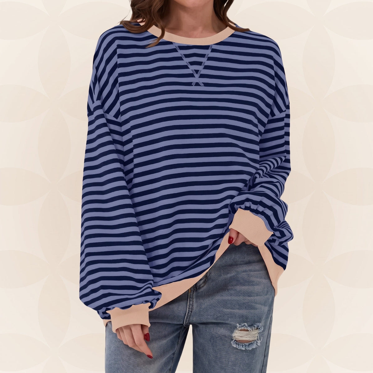 Olivia - Women's Oversized Striped Crewneck Sweatshirt with Contrast Trim