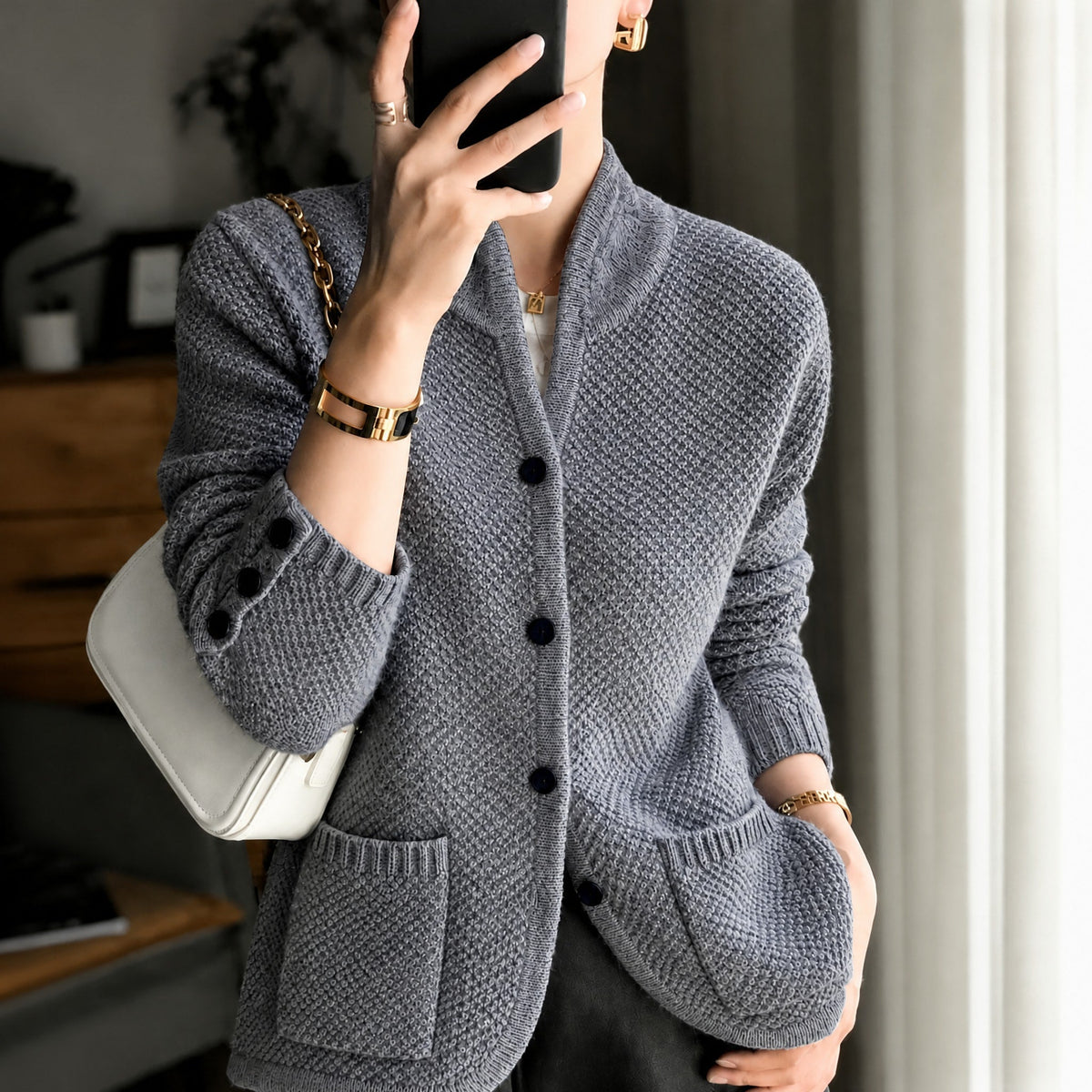Edda - Women's Textured Knit Cardigan with Button-Front Closure