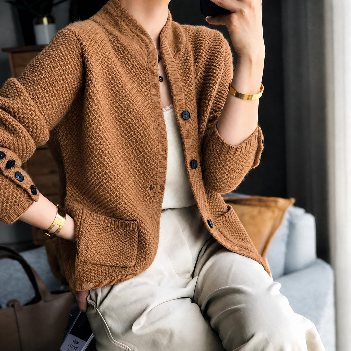 Edda - Women's Textured Knit Cardigan with Button-Front Closure