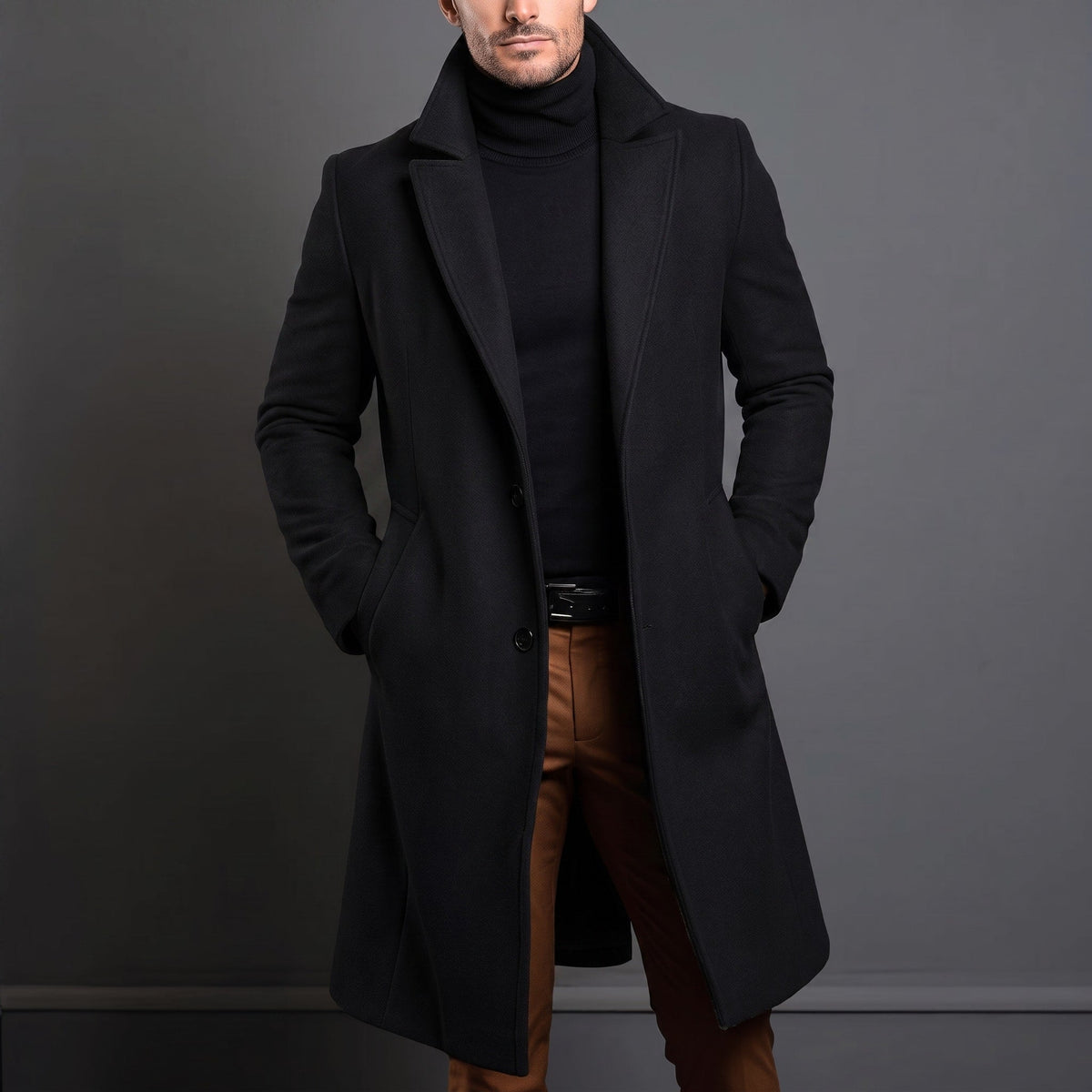 Edson - Men's Tailored Longline Wool-Look Overcoat with Notch Lapel