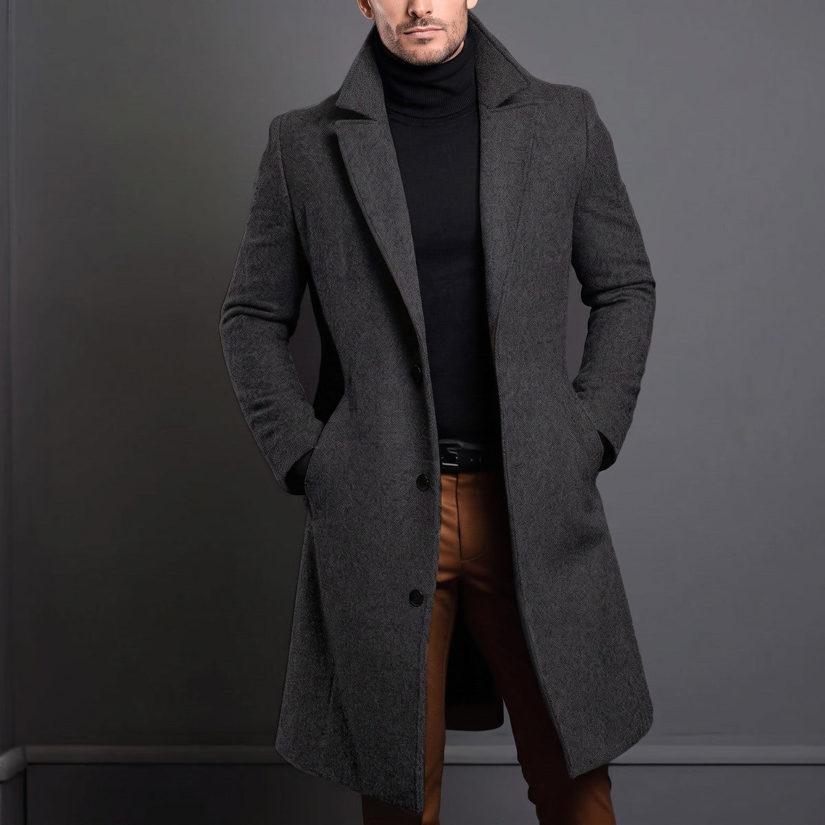 Edson - Men's Tailored Longline Wool-Look Overcoat with Notch Lapel