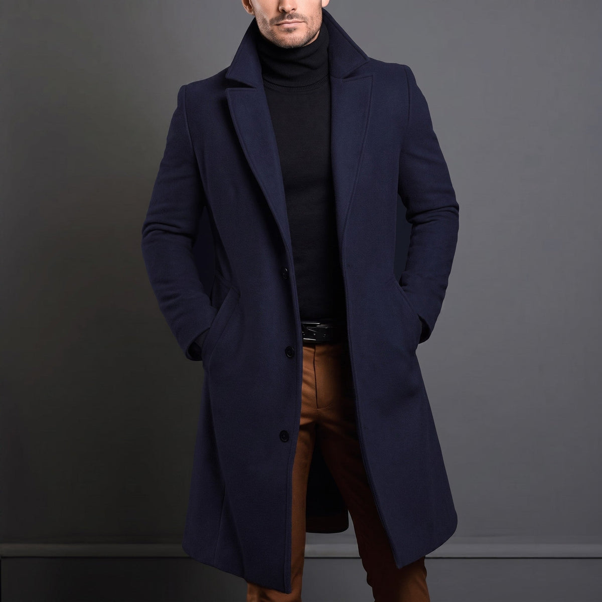 Edson - Men's Tailored Longline Wool-Look Overcoat with Notch Lapel