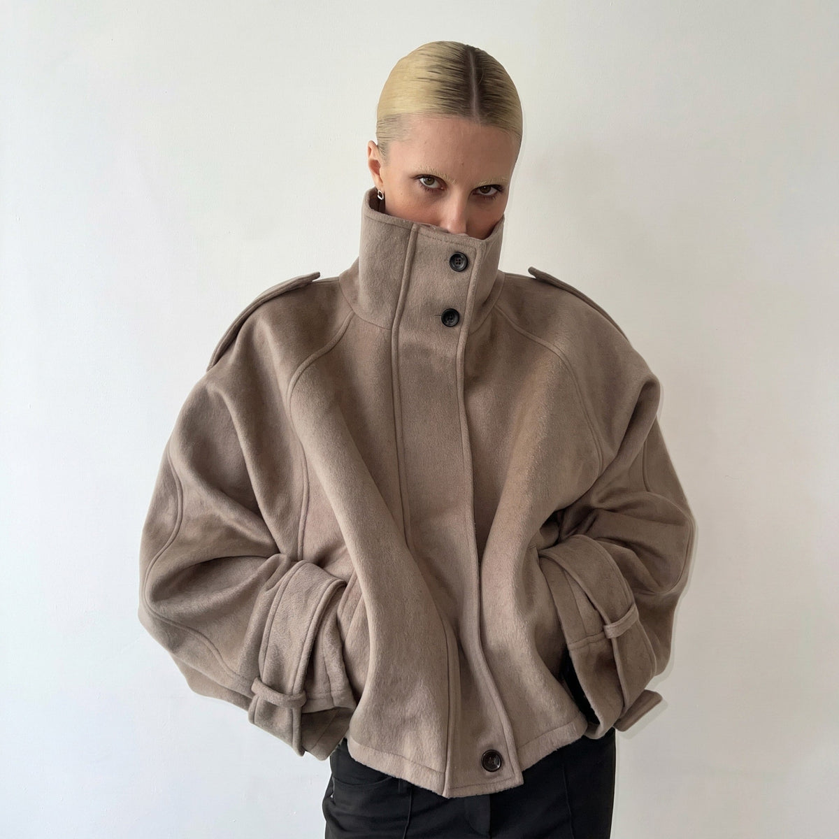 Elena - Women's Oversized Wool Look Jacket with Stand Collar