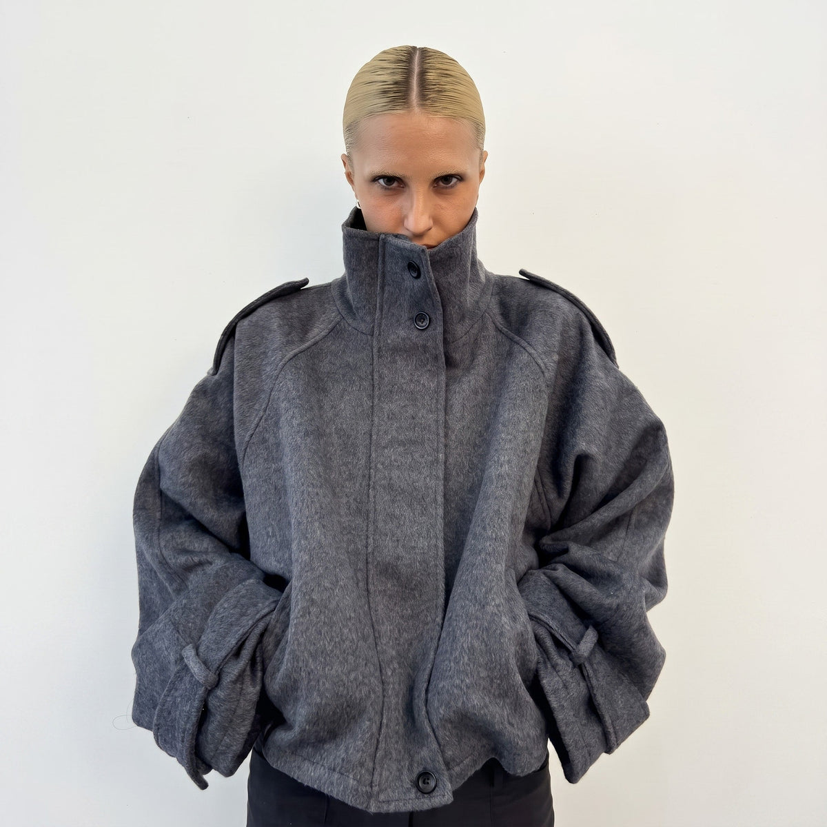 Elena - Women's Oversized Wool Look Jacket with Stand Collar