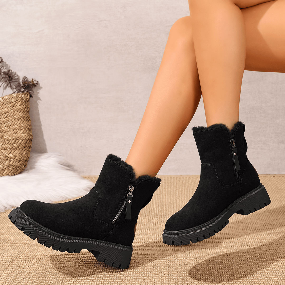 Rowan - Women's Orthopaedic Shearling-Trim Side Zip Ankle Boots