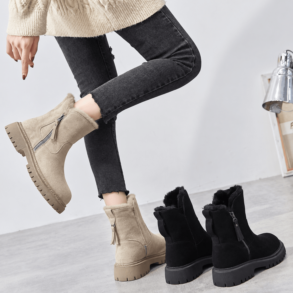 Rowan - Women's Orthopaedic Shearling-Trim Side Zip Ankle Boots