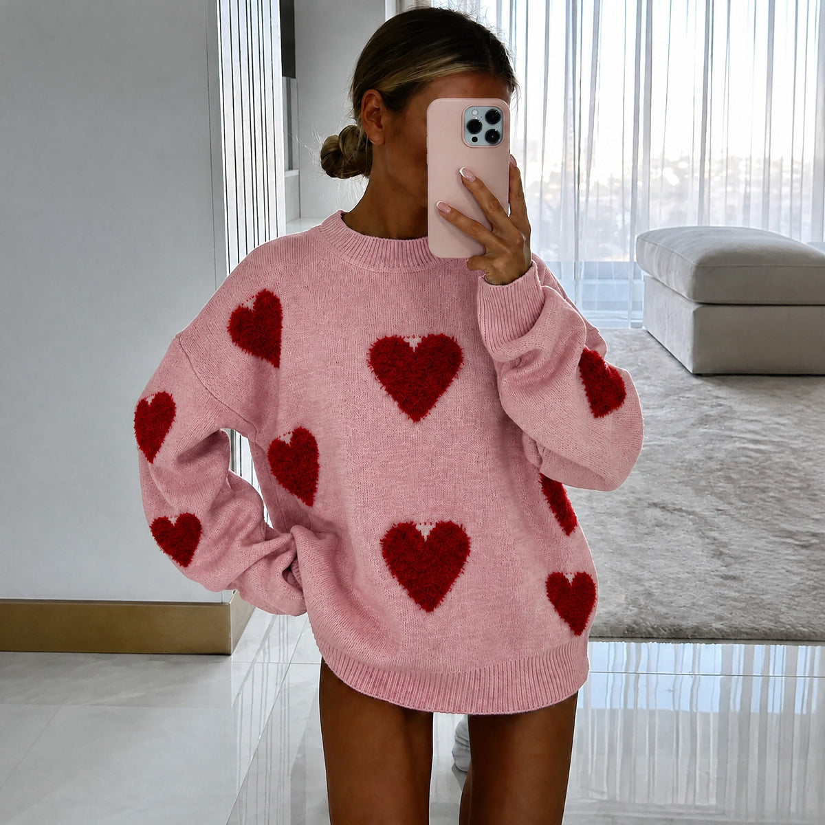 Emma - Women's Oversized Heart Print Knit Sweater