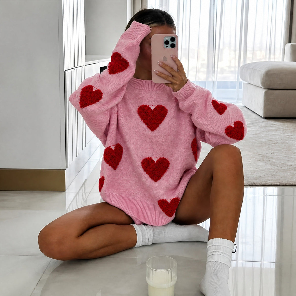Emma - Women's Oversized Heart Print Knit Sweater
