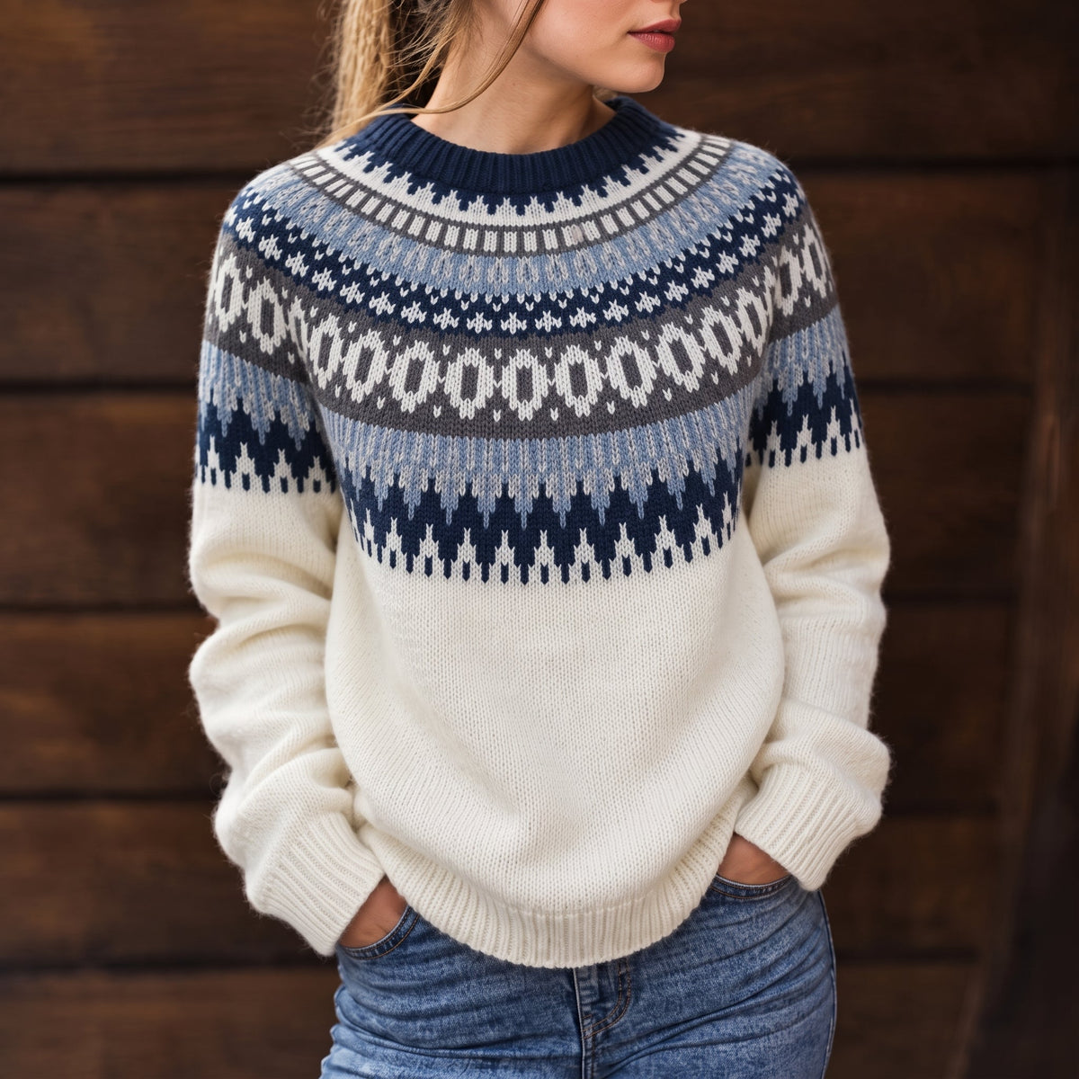 Estelle - Women's Fair Isle Crew Neck Sweater with Ribbed Trim
