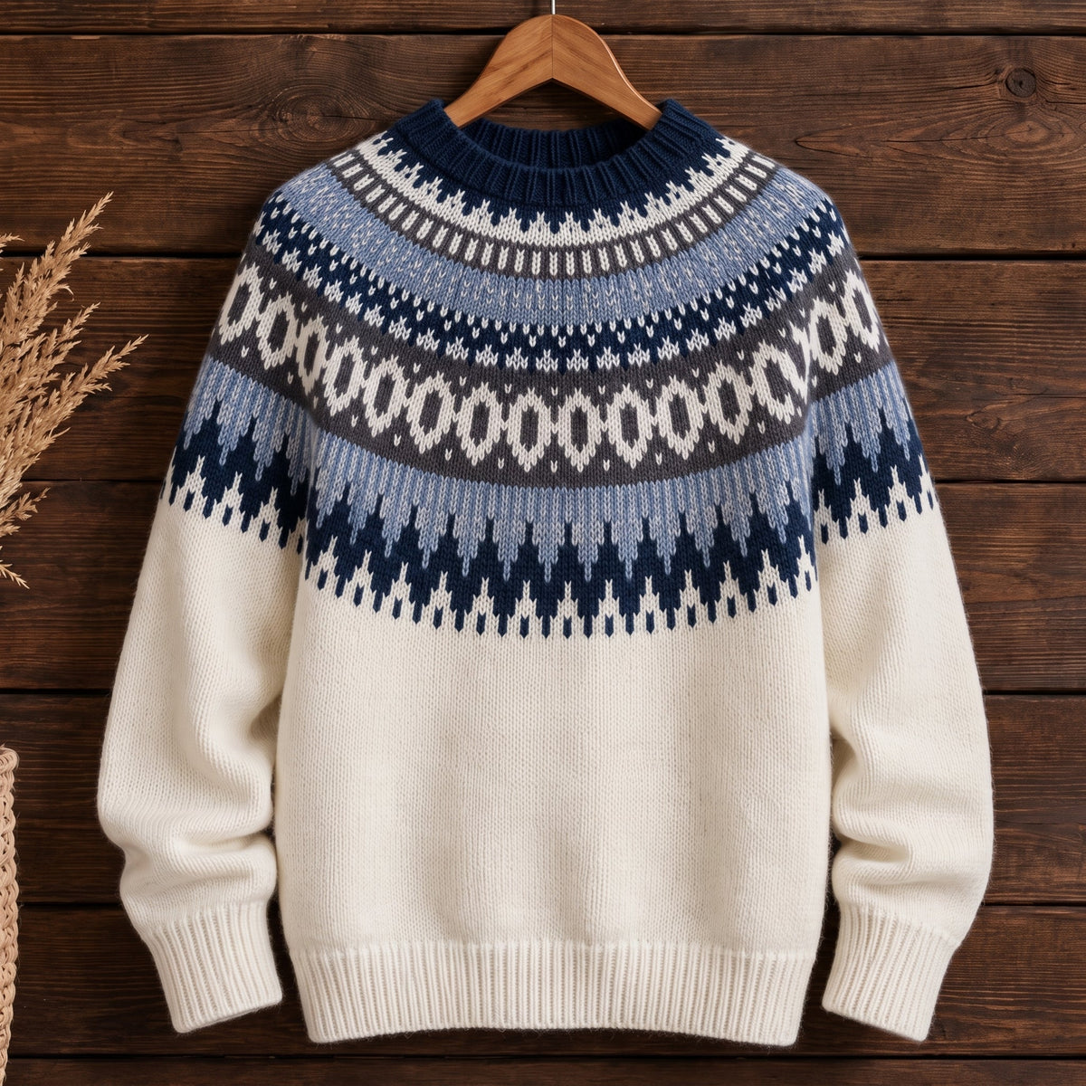 Estelle - Women's Fair Isle Crew Neck Sweater with Ribbed Trim