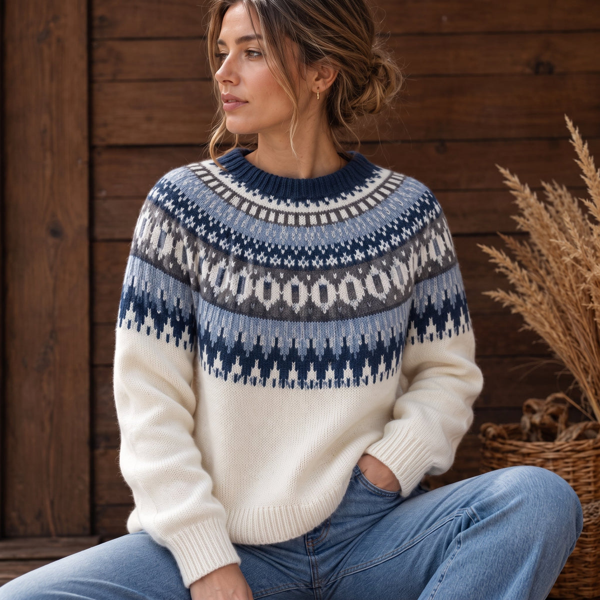 Estelle - Women's Fair Isle Crew Neck Sweater with Ribbed Trim