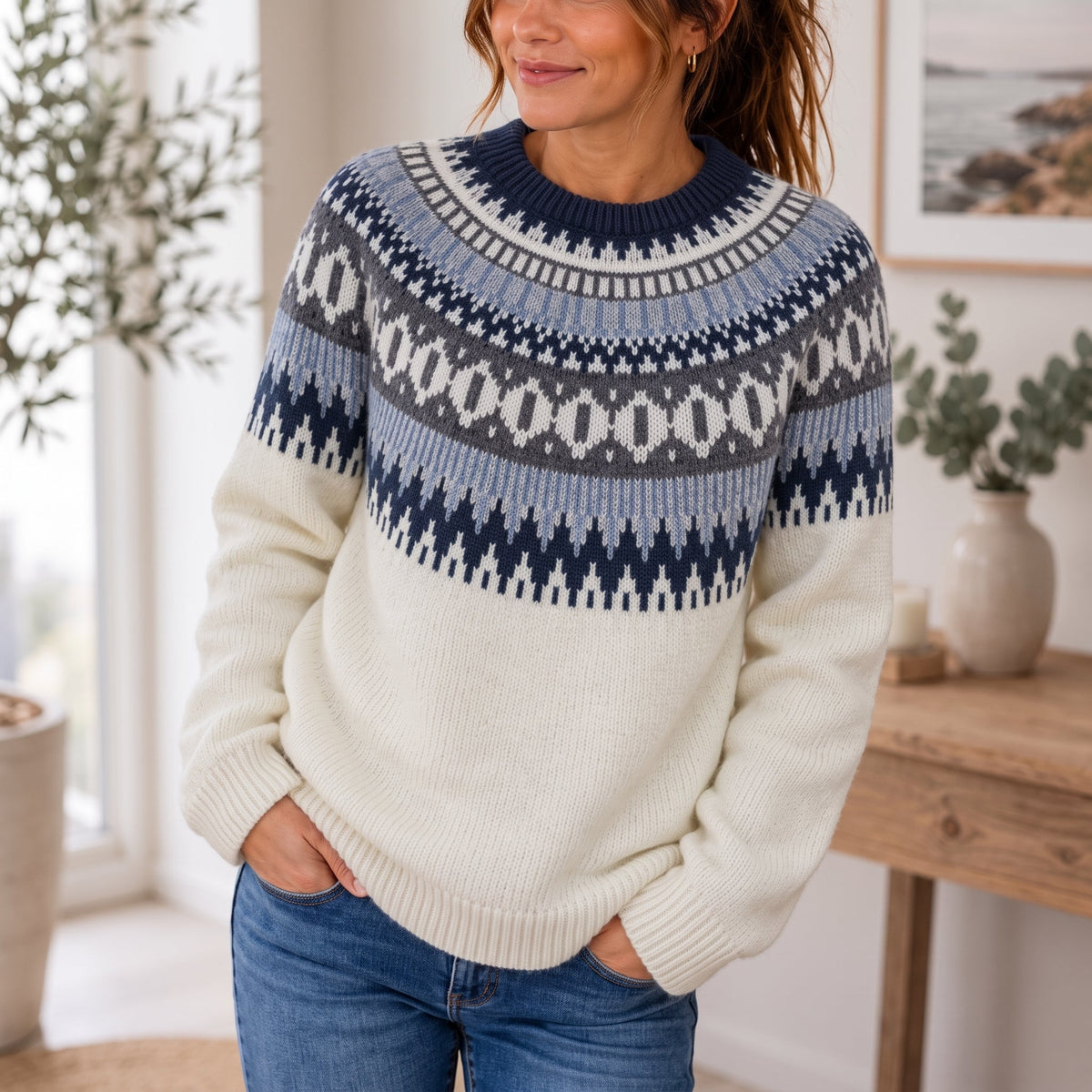 Estelle - Women's Fair Isle Crew Neck Sweater with Ribbed Trim