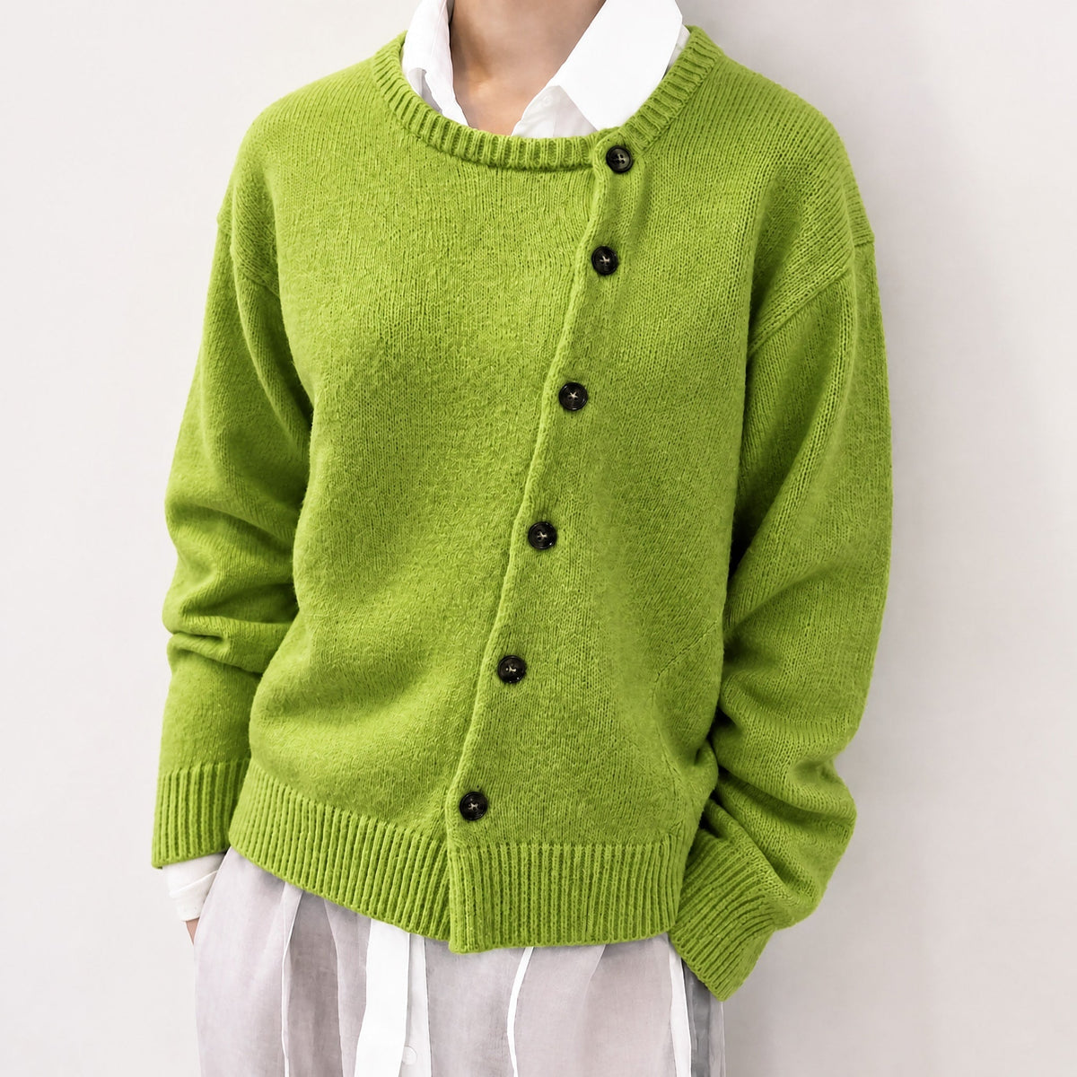 Fia - Women's Asymmetric Button Front Cardigan with Ribbed Trim