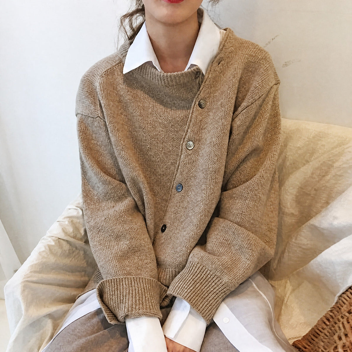 Fia - Women's Asymmetric Button Front Cardigan with Ribbed Trim
