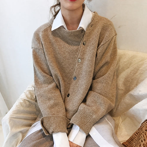 Fia - Women's Asymmetric Button Front Cardigan with Ribbed Trim