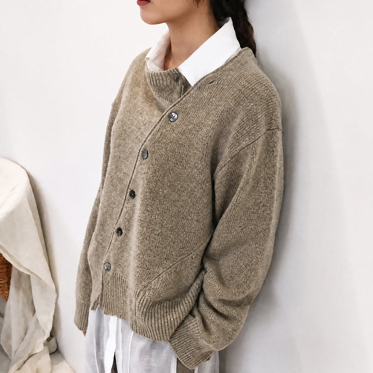 Fia - Women's Asymmetric Button Front Cardigan with Ribbed Trim