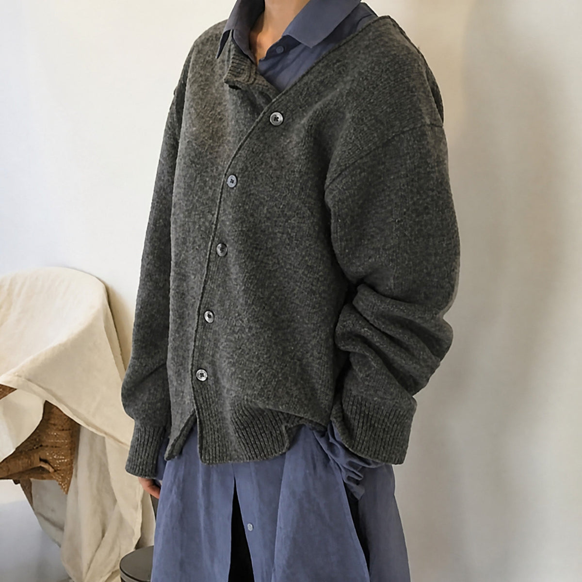 Fia - Women's Asymmetric Button Front Cardigan with Ribbed Trim