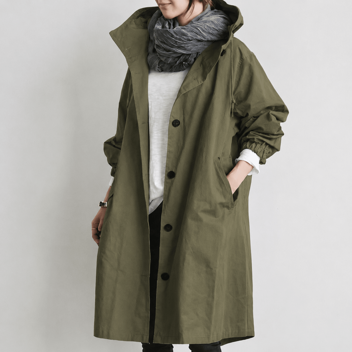 Freya - Women's Hooded Longline Trench Coat with Drawstring Hood