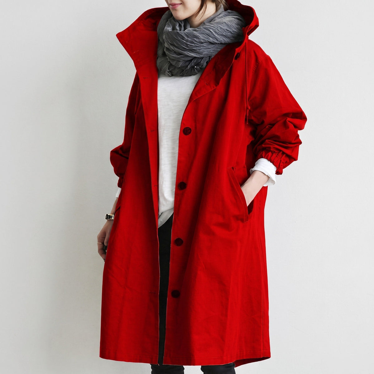 Freya - Women's Hooded Longline Trench Coat with Drawstring Hood
