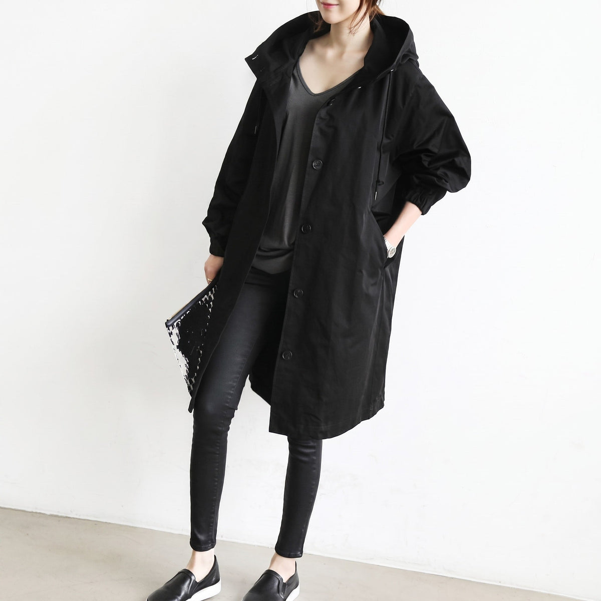 Freya - Women's Hooded Longline Trench Coat with Drawstring Hood