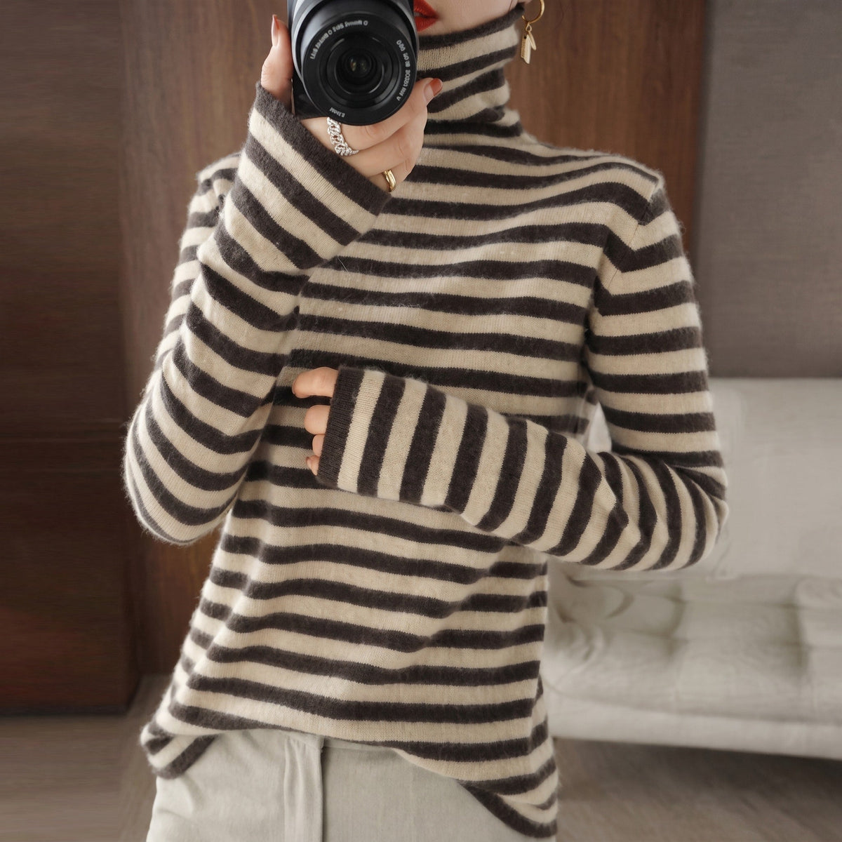 Harper - Women's Striped Turtleneck Sweater with Ribbed Cuffs