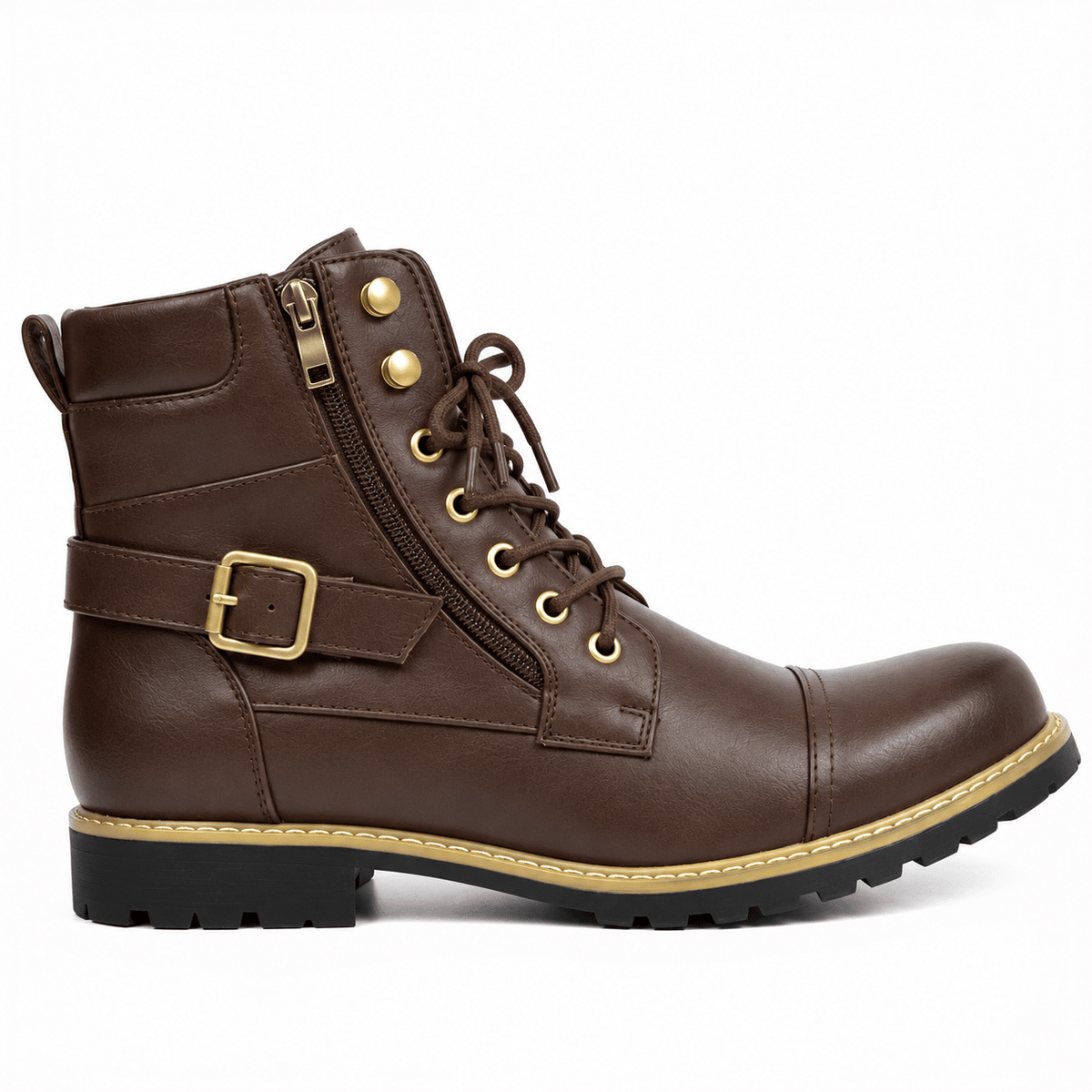 Marcus - Men's Lace-Up Side Zip Combat Boot with Buckle Strap
