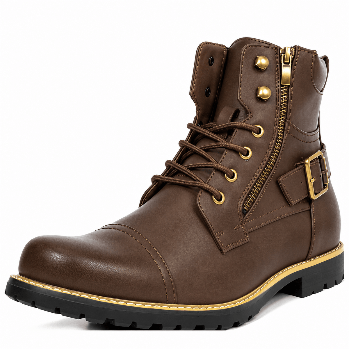 Marcus - Men's Lace-Up Side Zip Combat Boot with Buckle Strap