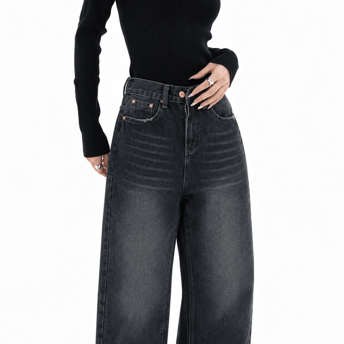 Mia - Women's High-Waisted Wide-Leg Washed Baggy Jeans
