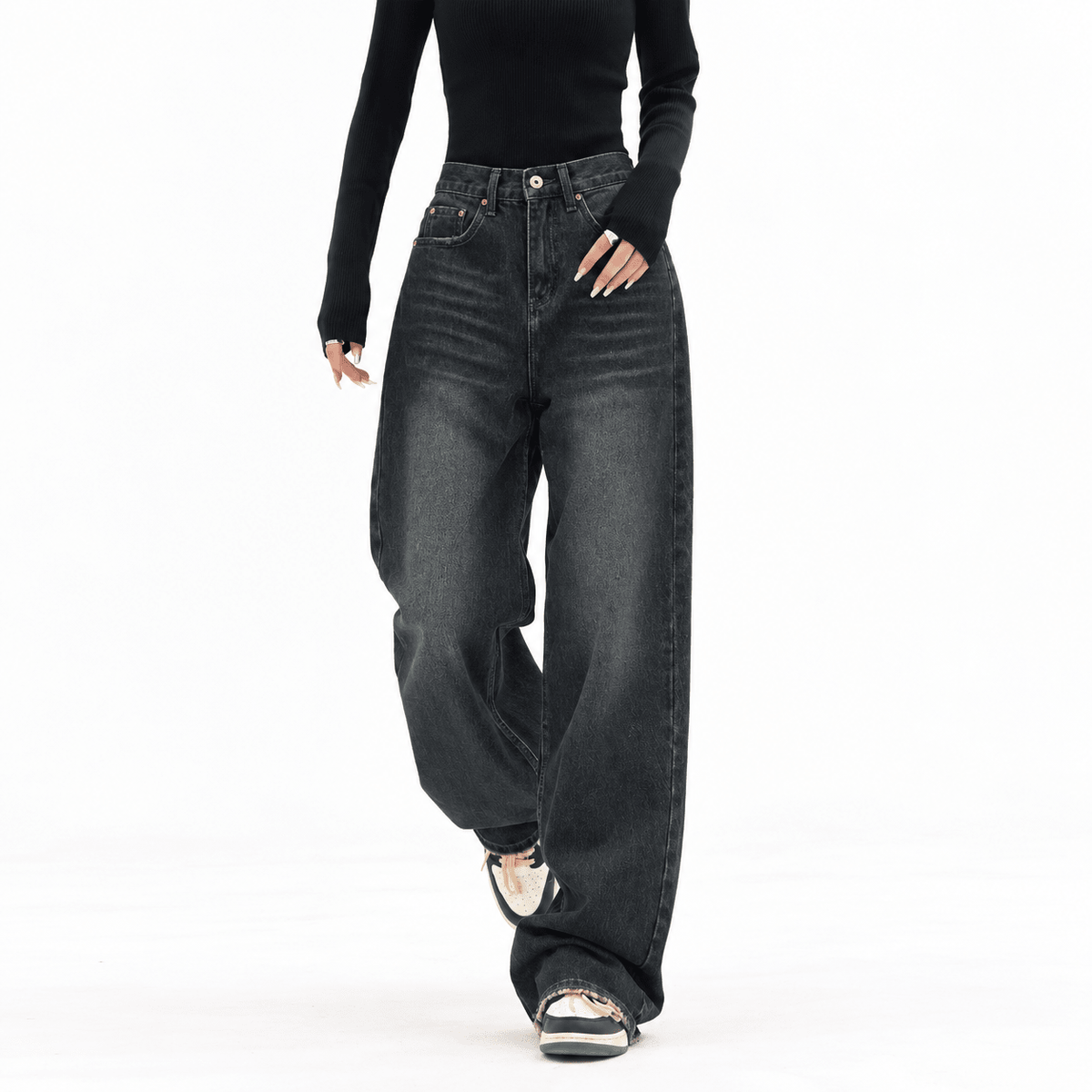 Mia - Women's High-Waisted Wide-Leg Washed Baggy Jeans