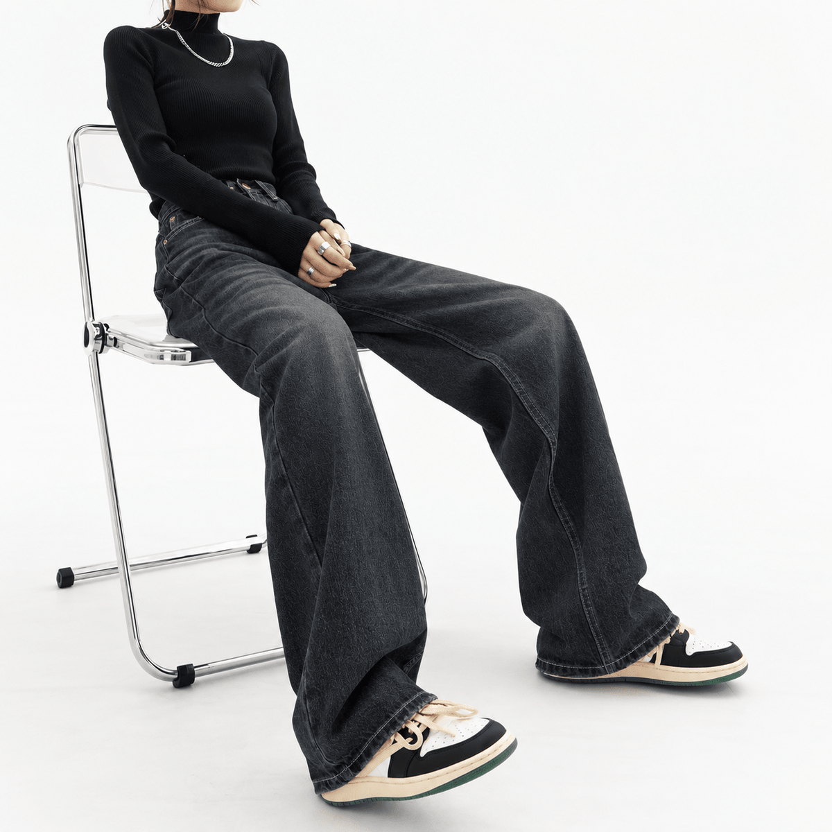 Mia - Women's High-Waisted Wide-Leg Washed Baggy Jeans