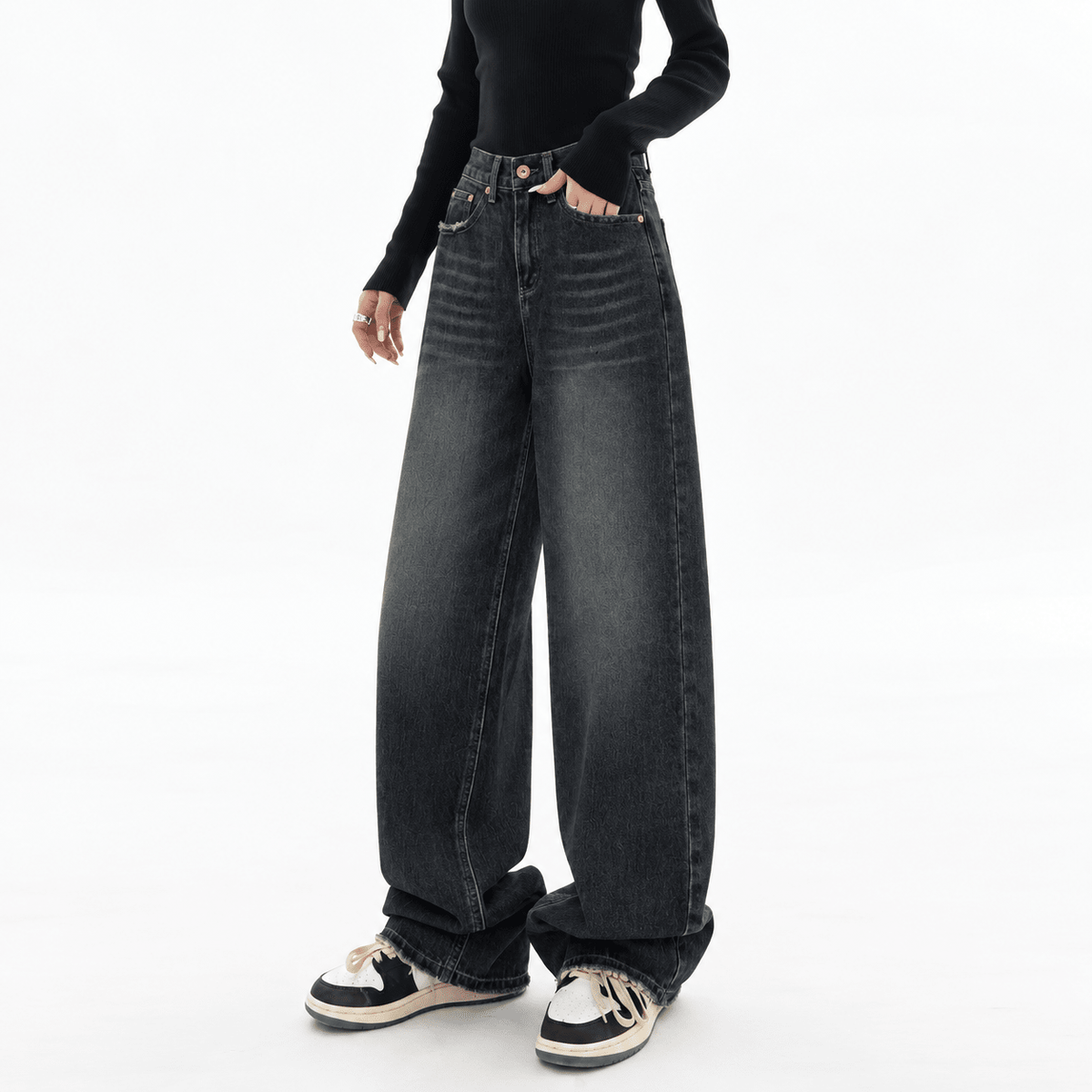 Mia - Women's High-Waisted Wide-Leg Washed Baggy Jeans