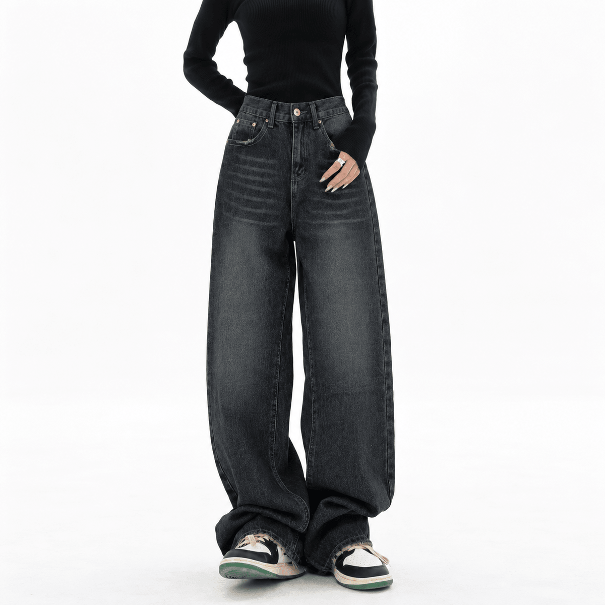 Mia - Women's High-Waisted Wide-Leg Washed Baggy Jeans